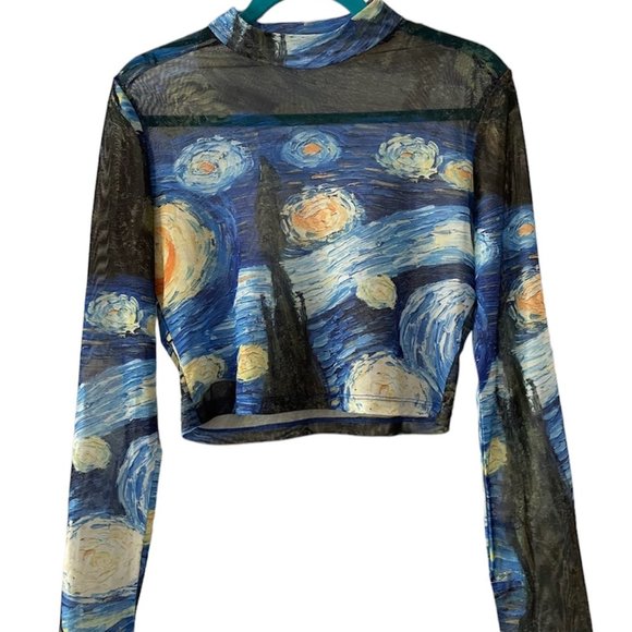 Tops - Starry Night Painting Van Gogh Mesh Long Sleeve Crop Top